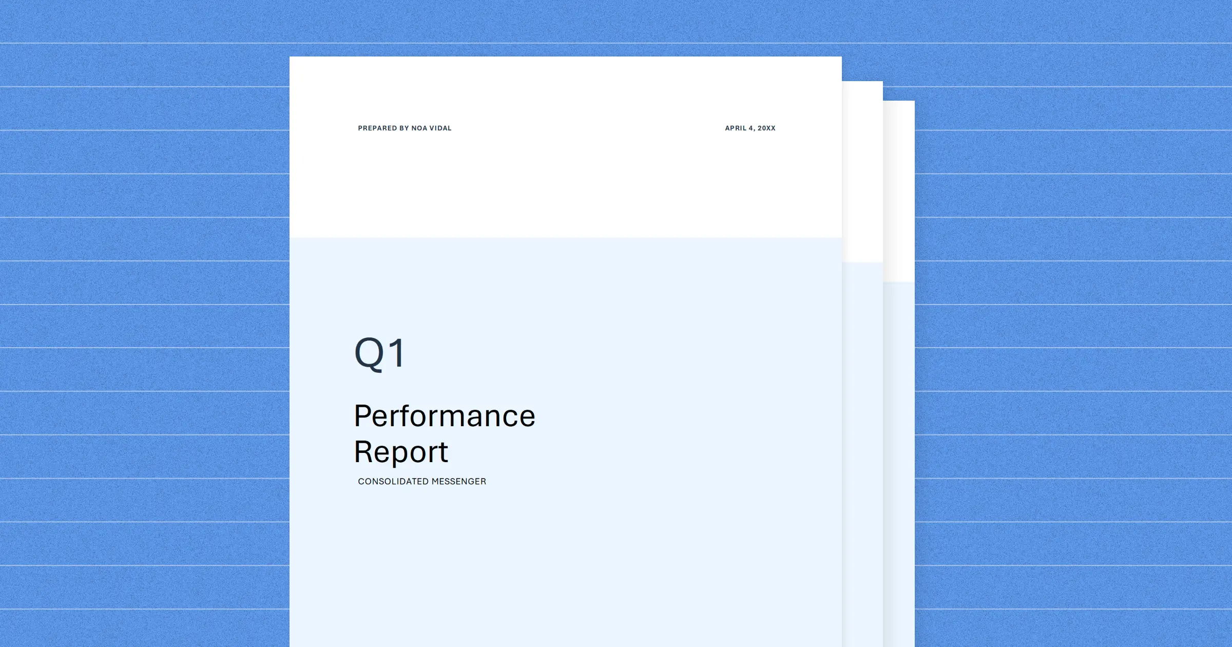 A cleanly formatted Q1 performance report with a styled title page and consistent layout.