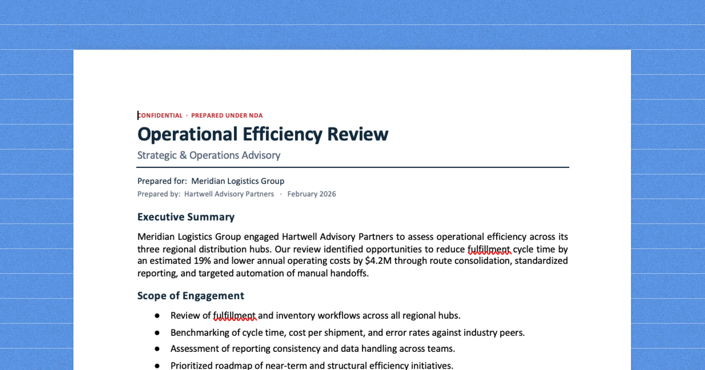 A consulting report formatted to a consistent house style under NDA.