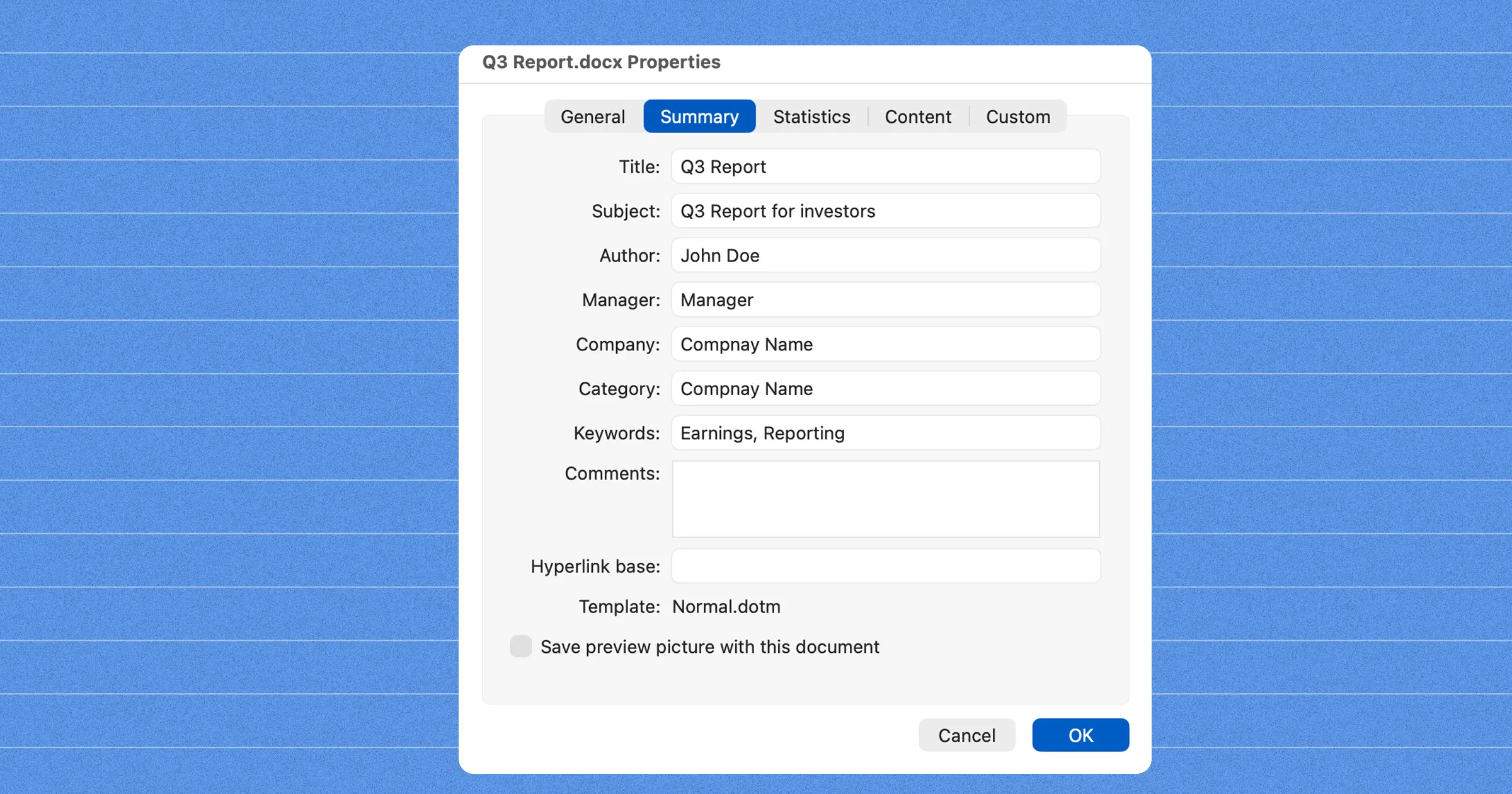 A Word document Properties dialog showing hidden metadata fields: title, subject, author, company, and keywords.