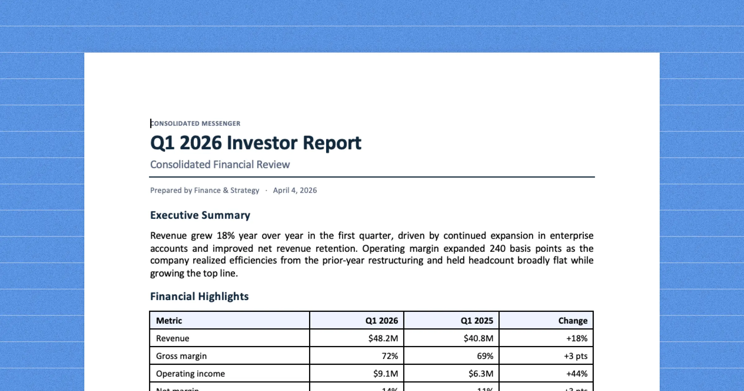 A cleanly formatted quarterly investor report ready to send to investors.