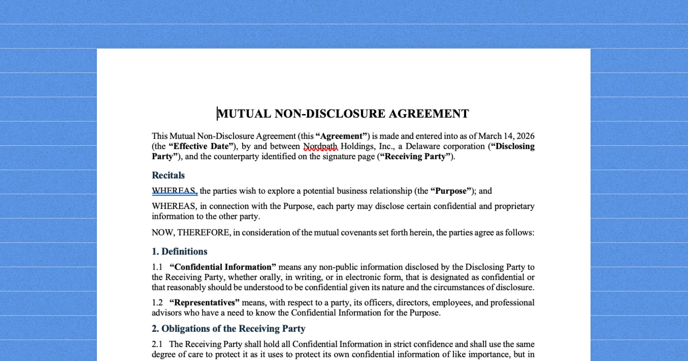 A mutual non-disclosure agreement with clean clause numbering and defined terms.
